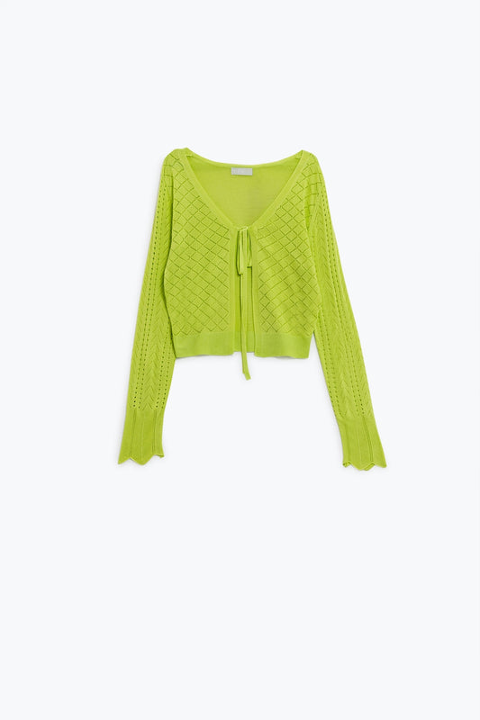 Q2 Cardigan citron vert avec imprimé Argyle et fermeture à cravate