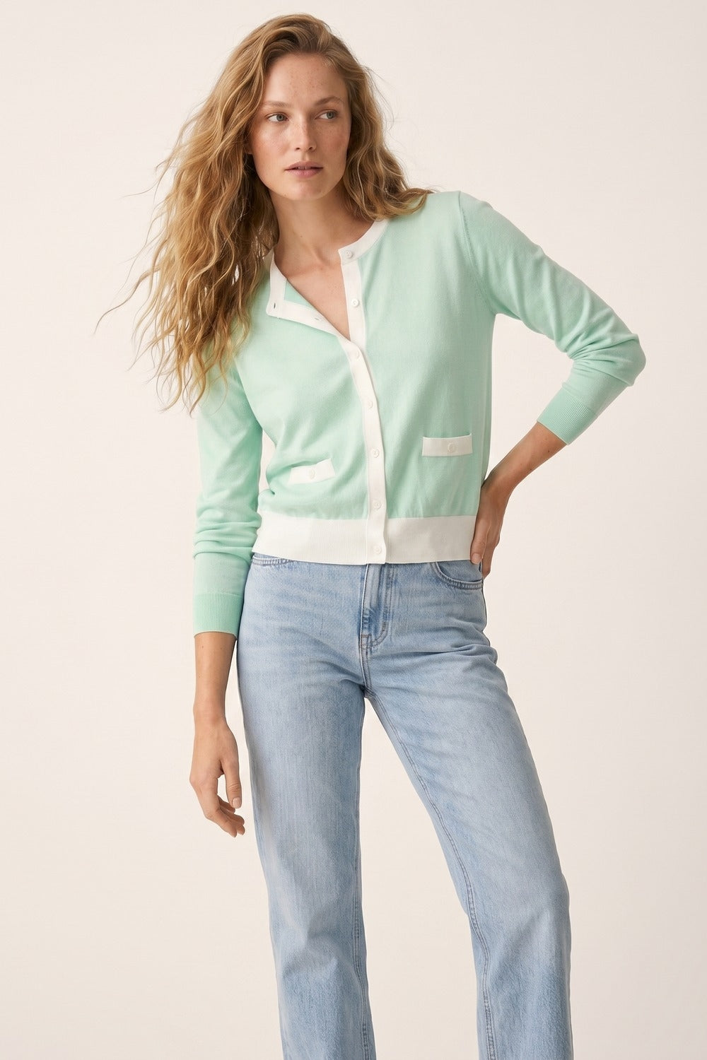 Cardigan classique à boutons contrastés vert menthe