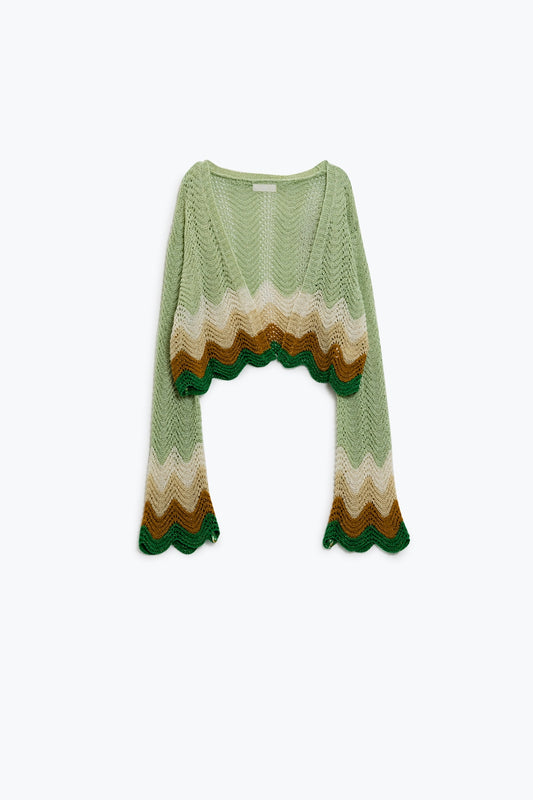 Q2 Cardigan court en maille avec manches d'ange et vagues multiCouleur es en vert