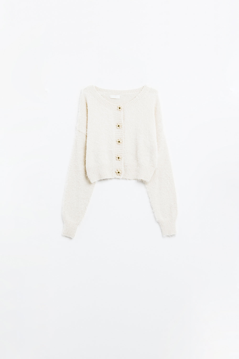 Q2 Cardigan court et moelleux de couleur crème avec des boutons en forme de fleurs