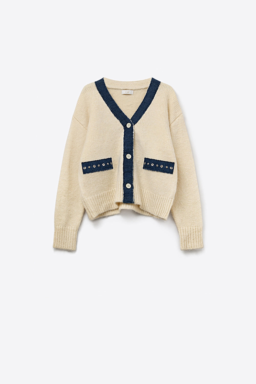 Q2 Cardigan crème avec détails en tissu denim
