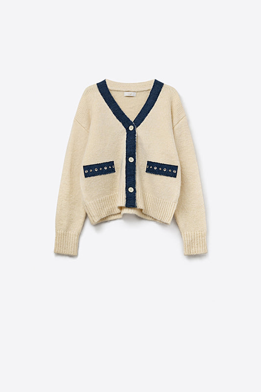 Q2 Cardigan crème avec détails en tissu denim