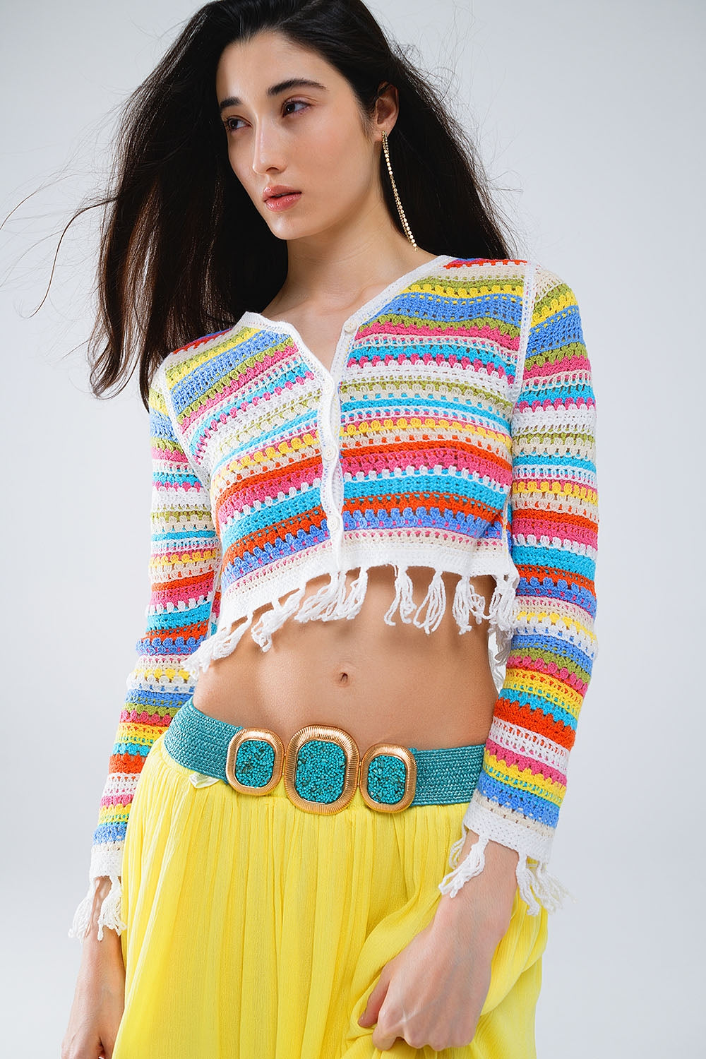 Cardigan crocheté à rayures multicolore