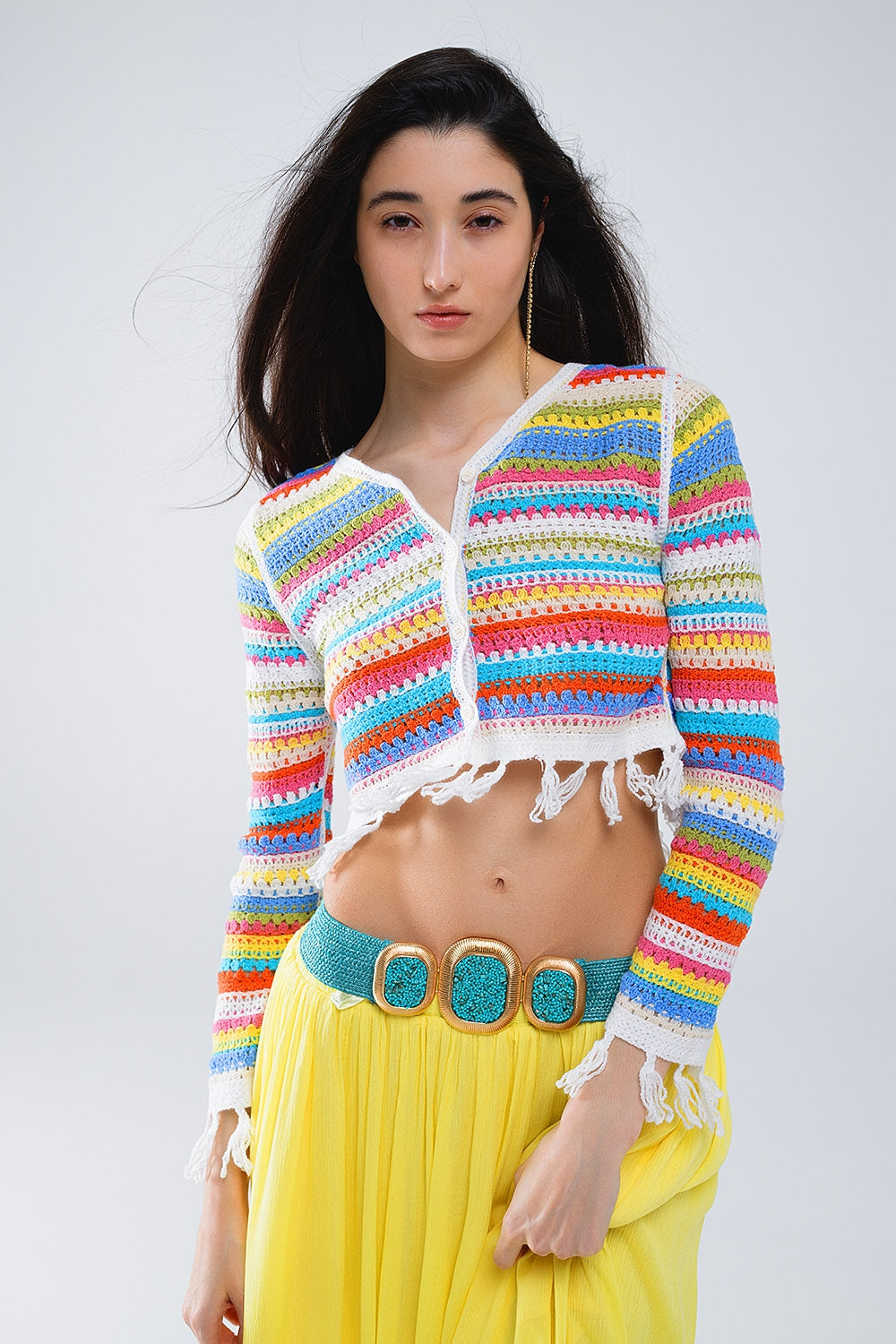 Cardigan crocheté à rayures multicolore