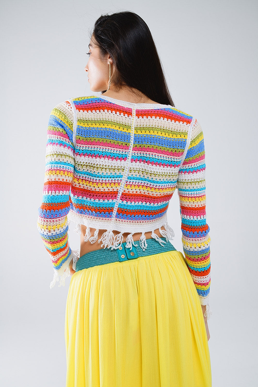 Cardigan crocheté à rayures multicolore