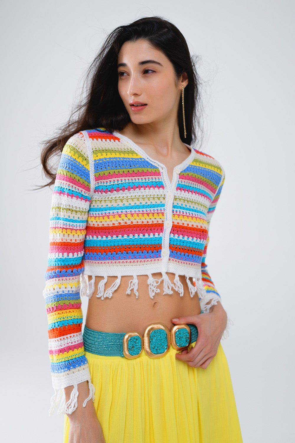 Q2 Cardigan crocheté à rayures multicolores