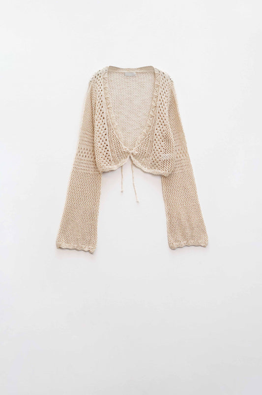 Q2 Cardigan croisé en beige avec fermeture à nouer