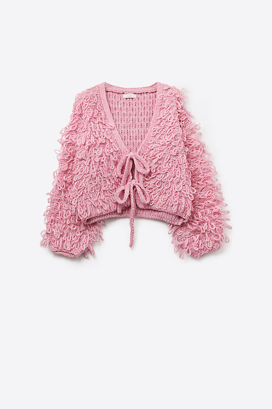 Q2 Cardigan croisé en maille épaisse rose avec col en V et fermeture à nouer sur le devant
