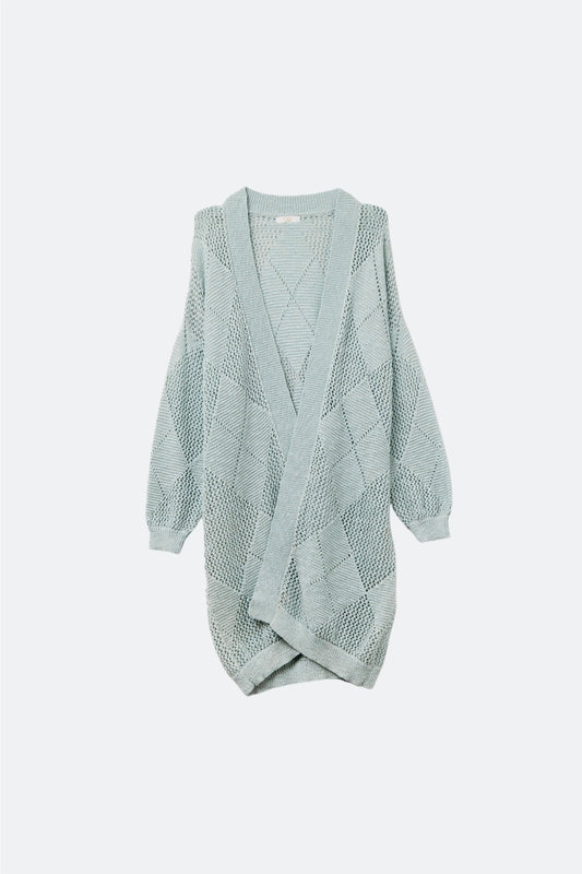 Q2 Cardigan drapé bleu pâle avec motif au crochet
