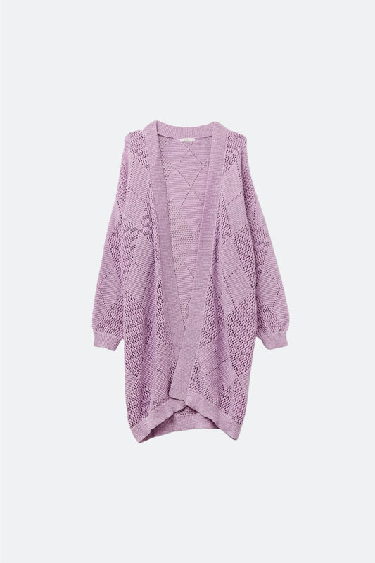Q2 Cardigan drapé lavande avec motif au crochet