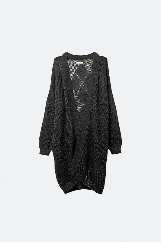 Q2 Cardigan drapé noir avec motif en crochet