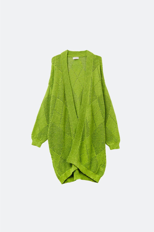 Q2 Cardigan drapé vert citron avec motif au crochet