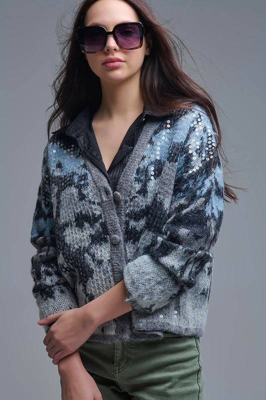 Q2 Cardigan élégant en tricot gris avec imprimé abstrait à paillettes