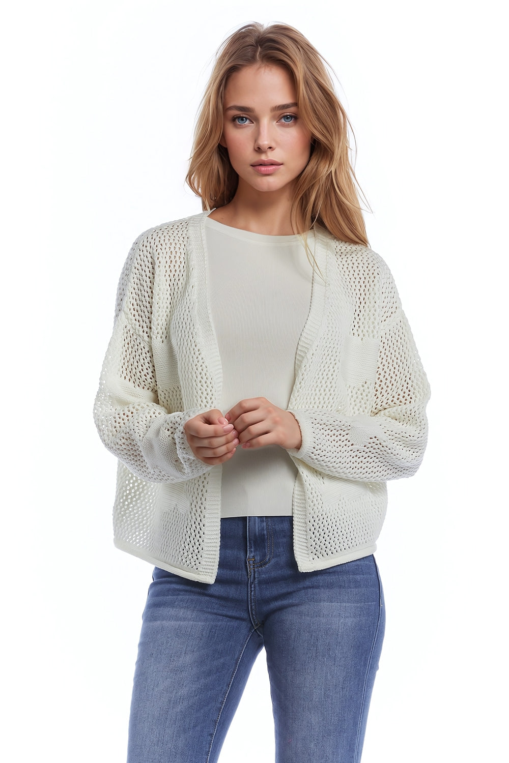 Q2 Cardigan en crochet avec nuages en tricot en blanc