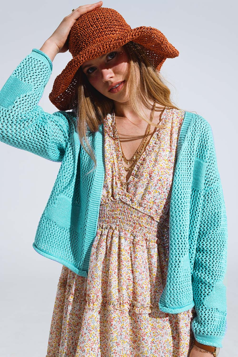 Q2 Cardigan en crochet avec nuages en tricot En turquoise clair