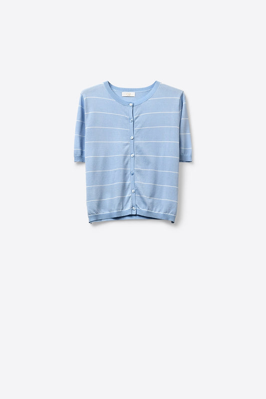 Q2 Cardigan en maille bleu clair à rayures avec manches courtes