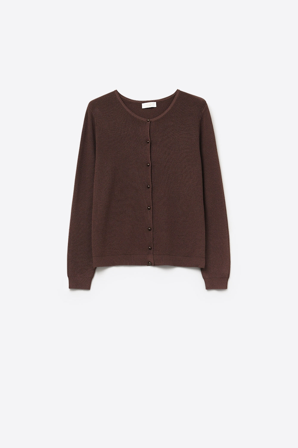 Q2 Cardigan en maille côtelée marron avec boutons en nacre