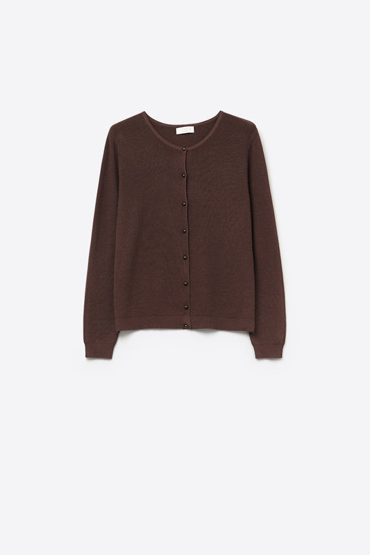 Q2 Cardigan en maille côtelée marron avec boutons en nacre