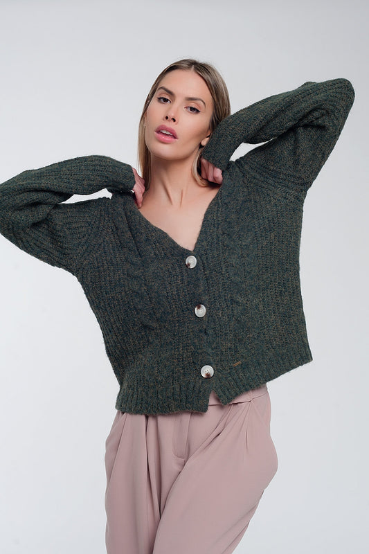 Q2 Cardigan en maille épaisse kaki