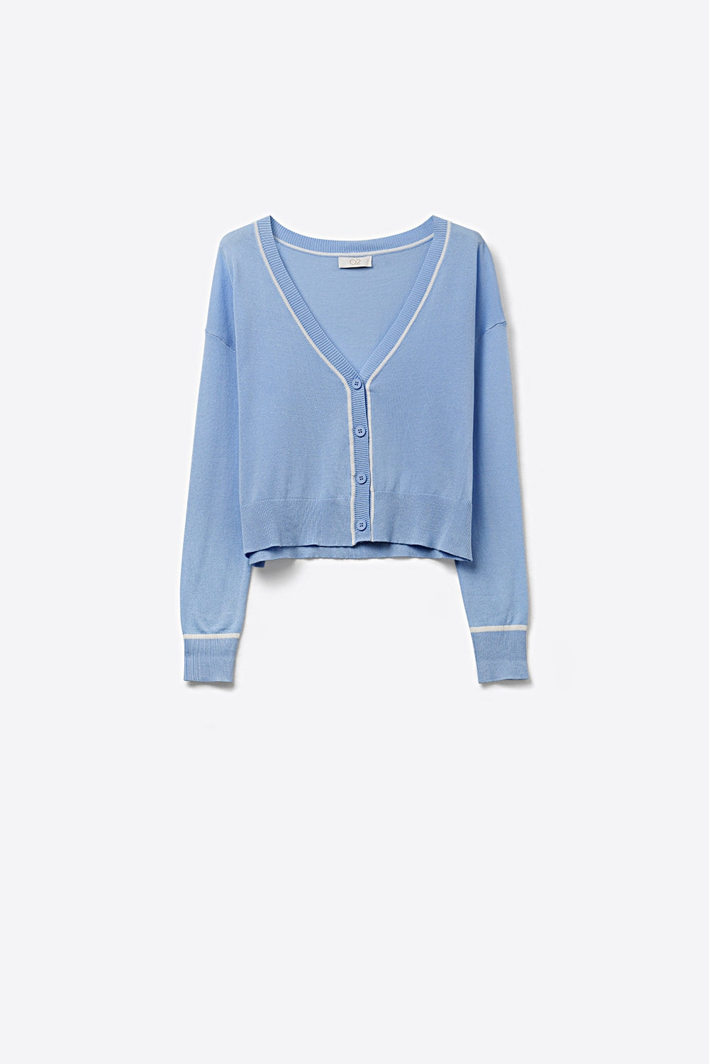 Q2 Cardigan en maille fine bleu bébé avec bordure contrastée en blanc