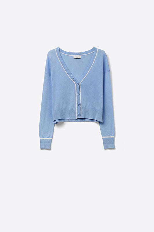 Q2 Cardigan en maille fine bleu bébé avec bordure contrastée en blanc