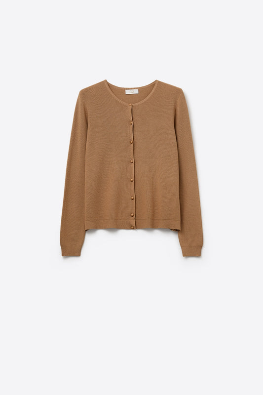 Q2 Cardigan en tricot côtelé camel avec boutons en nacre