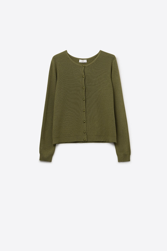 Q2 Cardigan en tricot côtelé kaki avec boutons en nacre