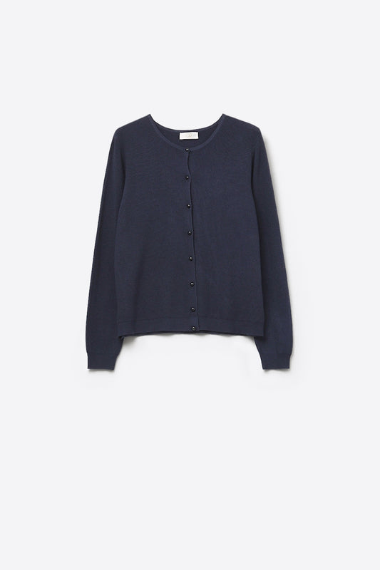 Q2 Cardigan en tricot côtelé marine avec boutons en nacre