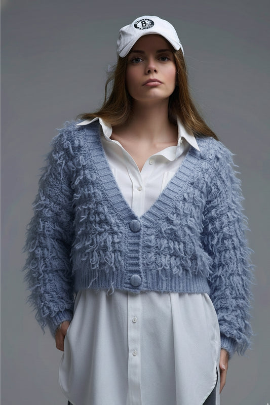 Q2 Cardigan en tricot doux de style chunky shag en bleu