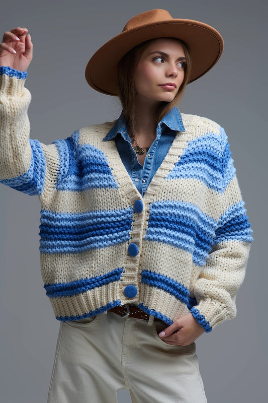 Q2 Cardigan en tricot épais à col en V rayé de bleu et de crème