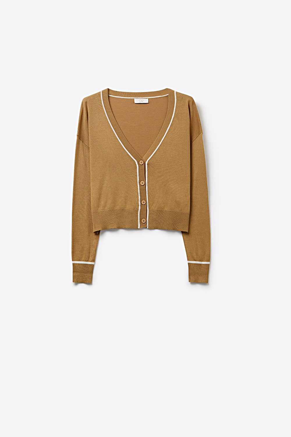Q2 Cardigan en tricot fin camel avec bordure contrastée en blanc