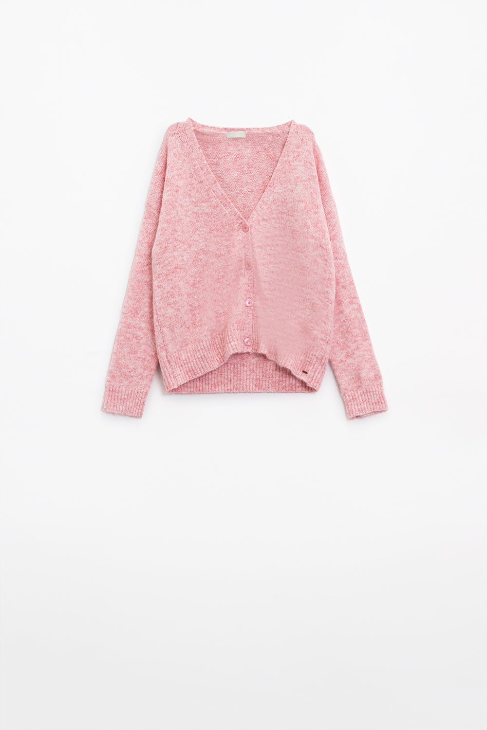 cardigan en tricot rose avec large col en V et fermeture à boutons