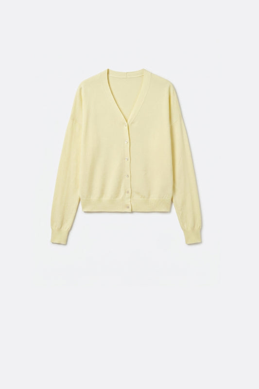 Q2 Cardigan léger en maille à col en V en jaune beurre doux