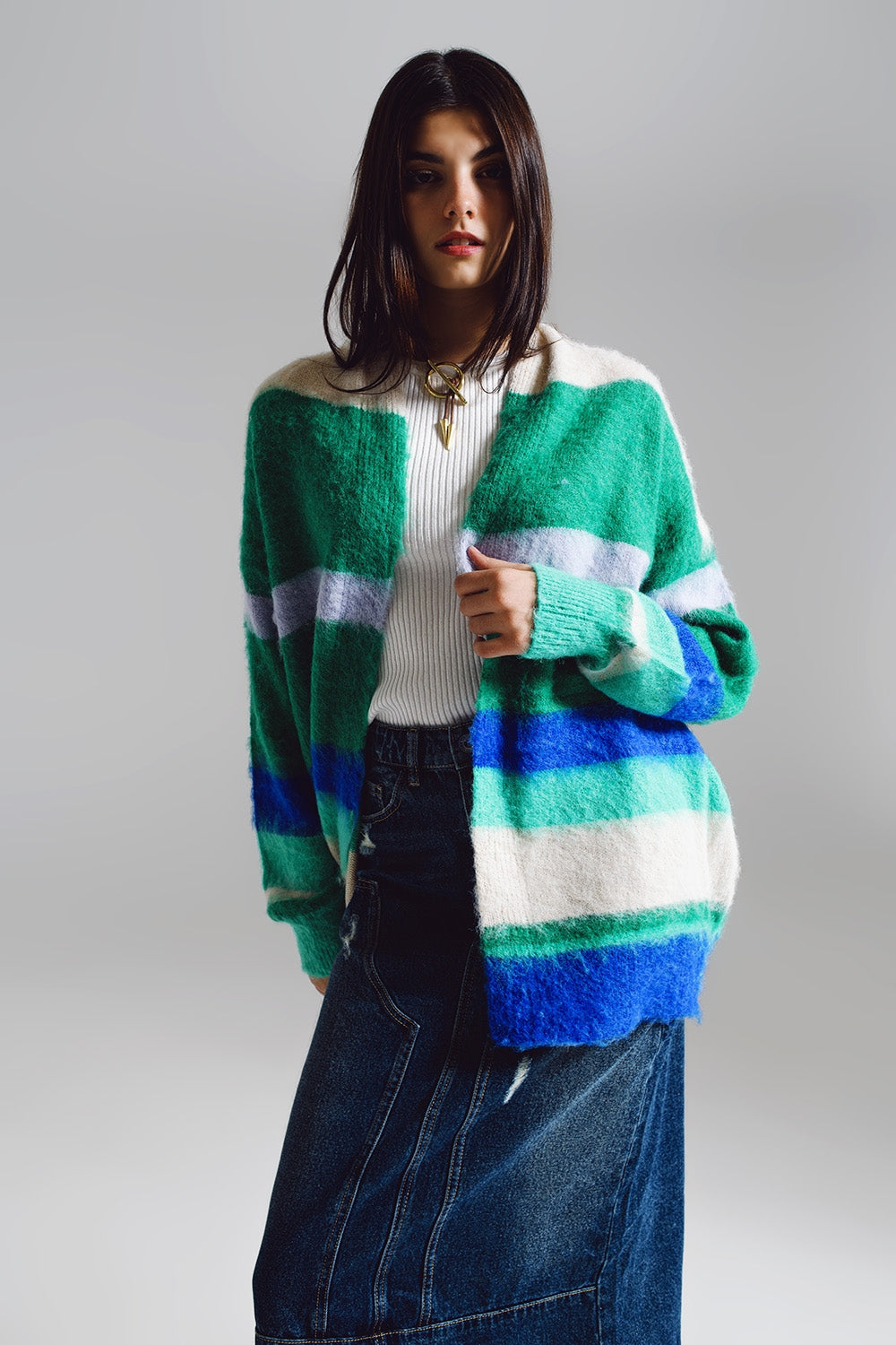 Q2 Cardigan long multiCouleure bleu e vert