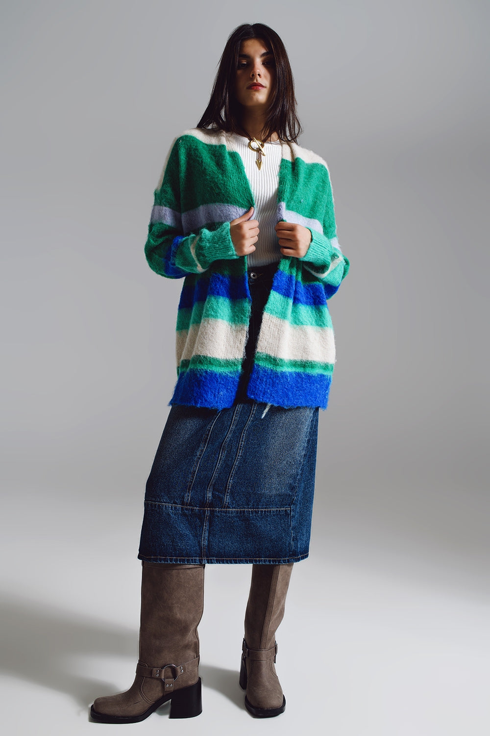 Cardigan long multicoloree bleu e vert