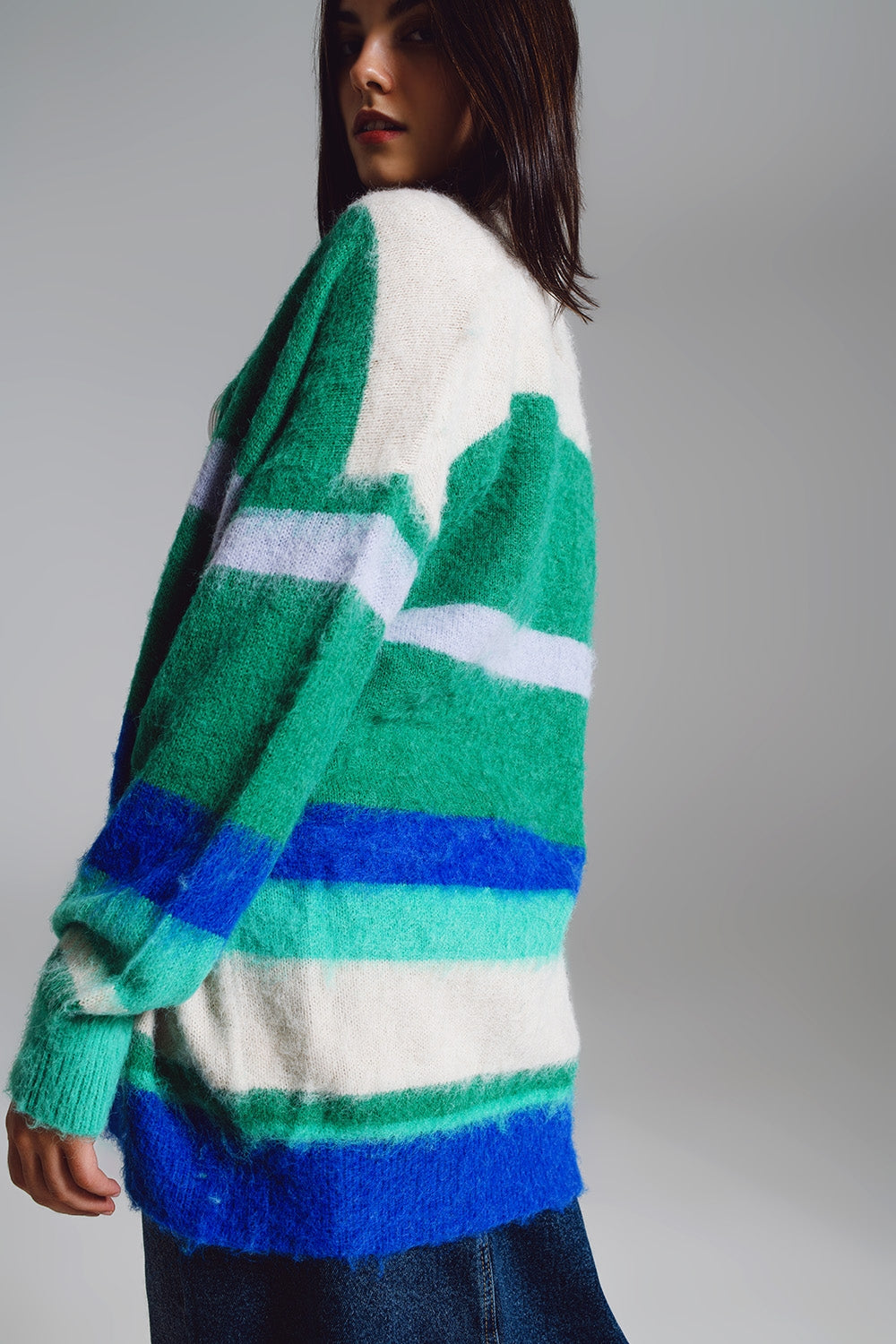 Cardigan long multicoloree bleu e vert