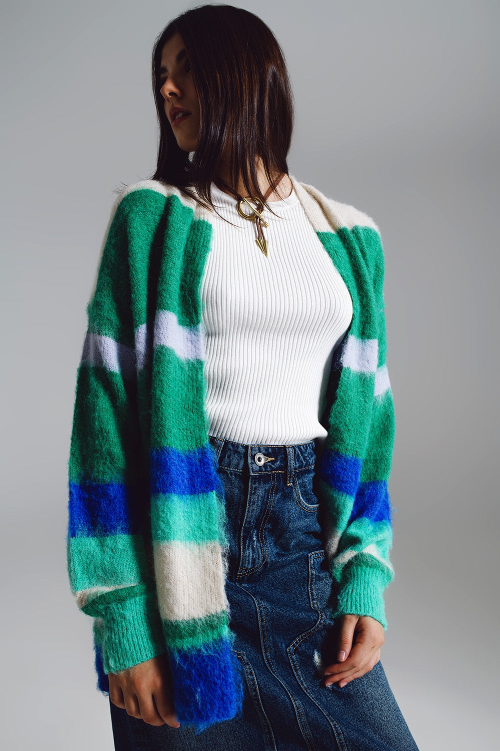 Cardigan long multicoloree bleu e vert