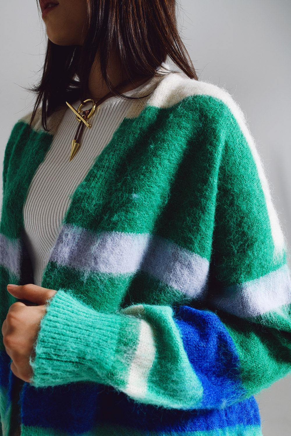 Cardigan long multicoloree bleu e vert