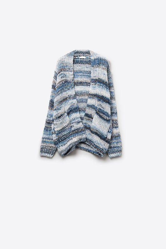 Q2 Cardigan long oversize ˆ rayures chinŽes et poches en bleu