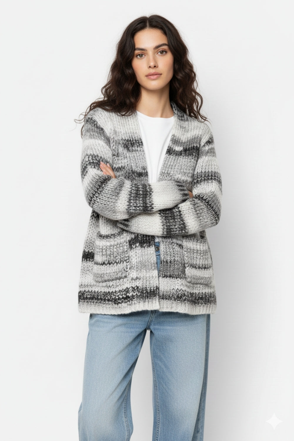 Cardigan long oversize à rayures chinées et poches en noir