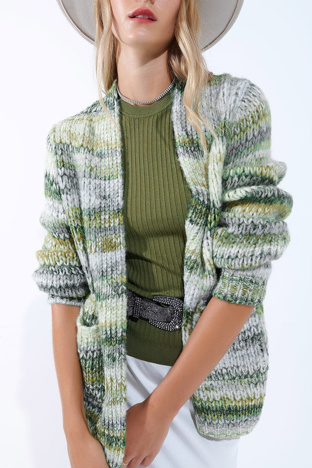Cardigan long oversize à rayures chinées et poches en vert