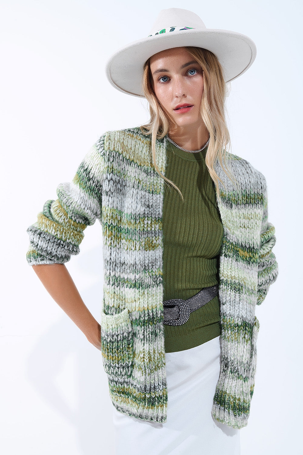 Cardigan long oversize à rayures chinées et poches en vert