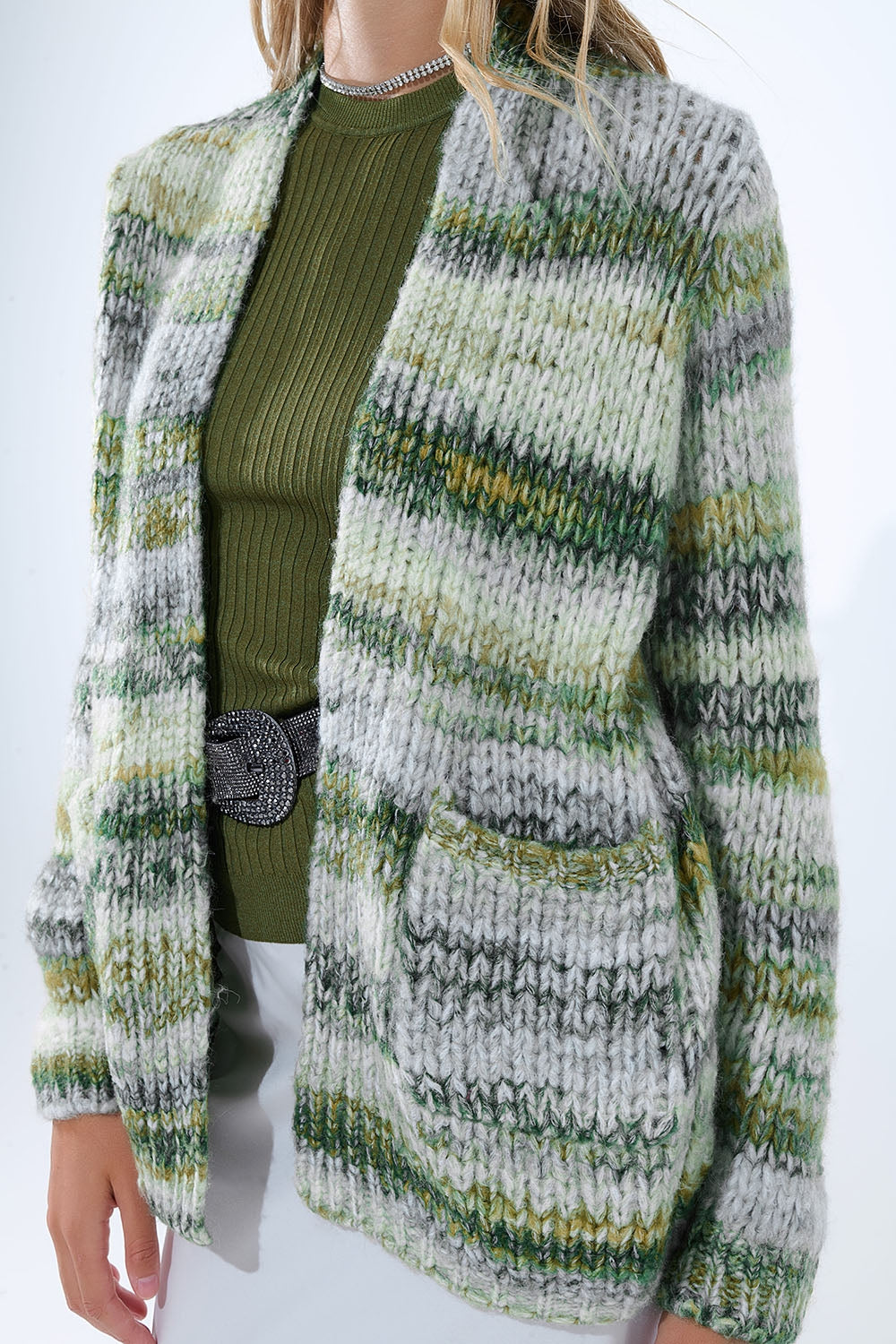 Cardigan long oversize à rayures chinées et poches en vert
