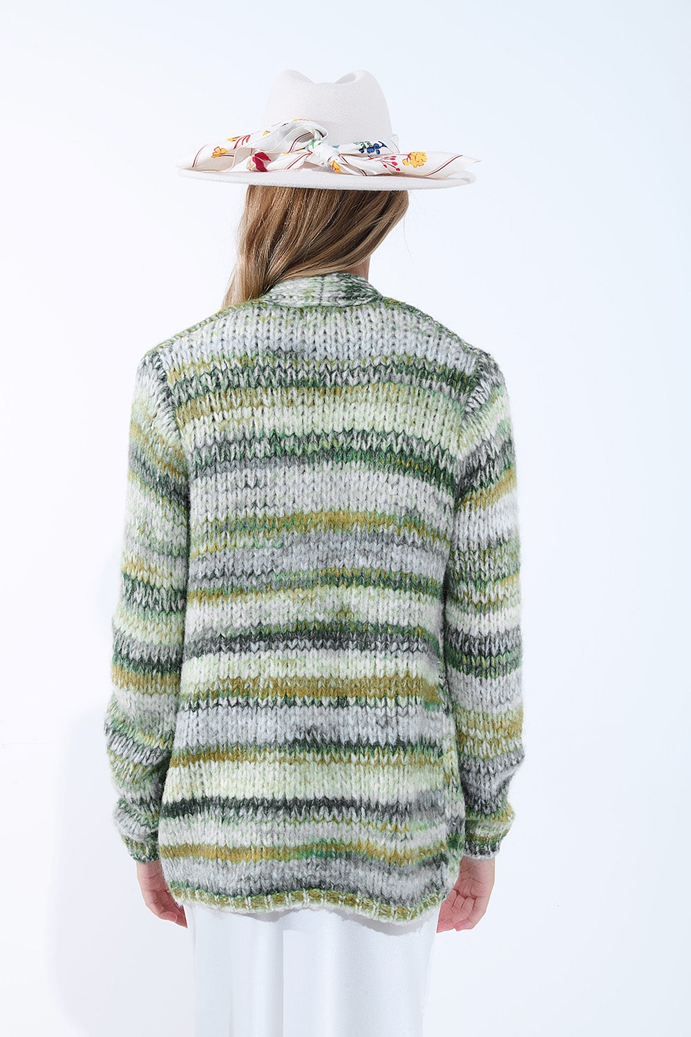 Cardigan long oversize à rayures chinées et poches en vert