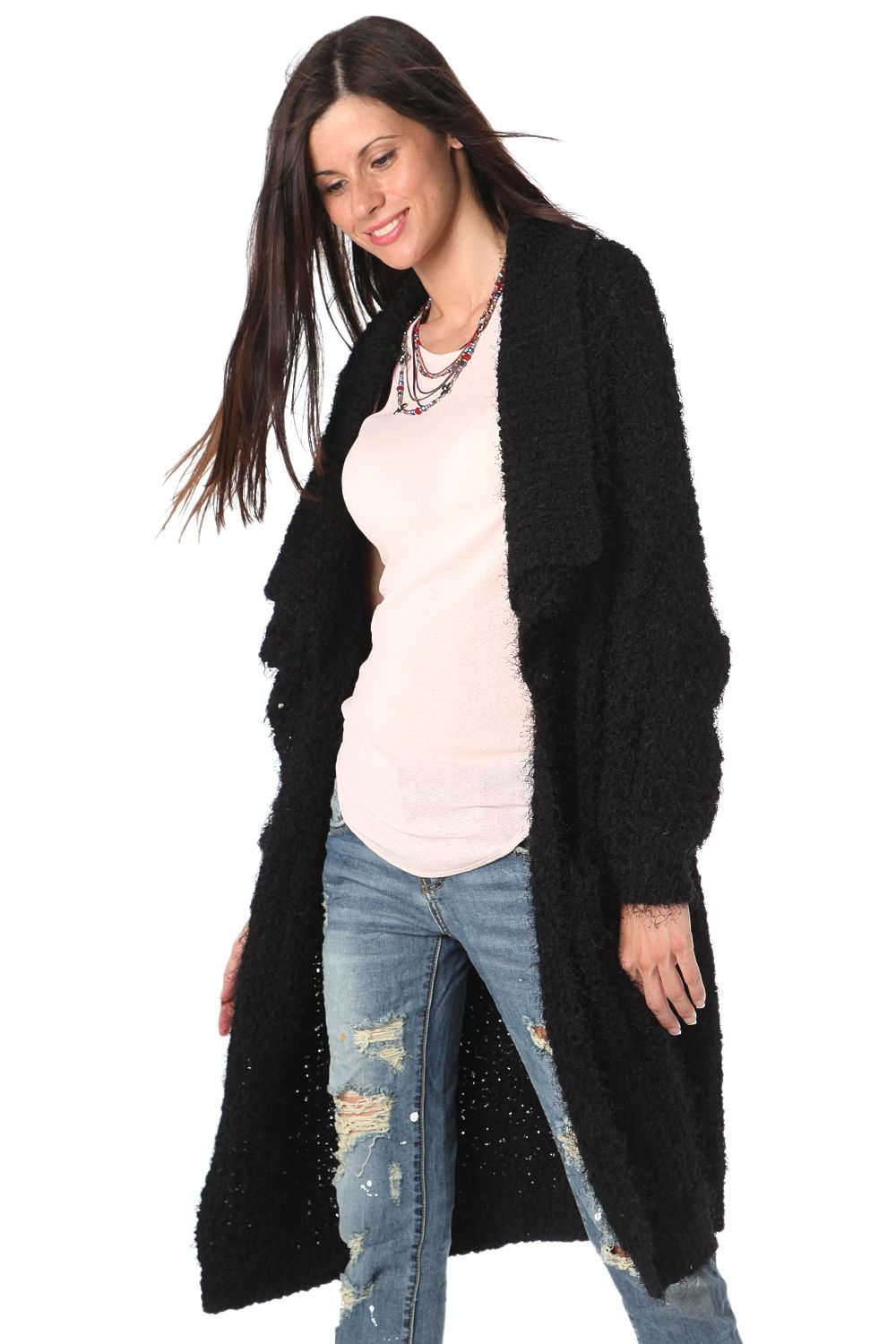 Q2 Cardigan long overtaille réduite noir effet pelucheux