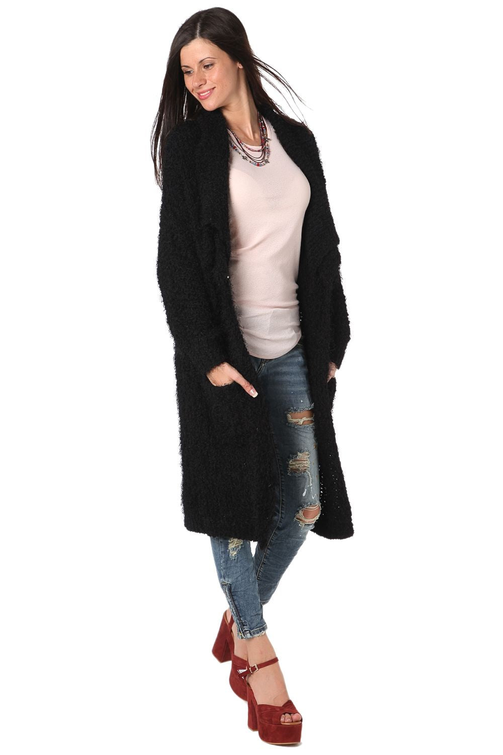 Cardigan long oversize  noir effet pelucheux