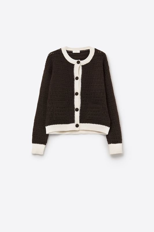 Q2 Cardigan marron à mailles ouvertes avec bordures contrastées