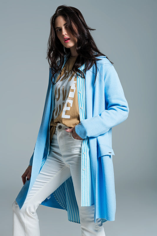 Q2 Cardigan maxi à col overtaille réduite en bleu ciel