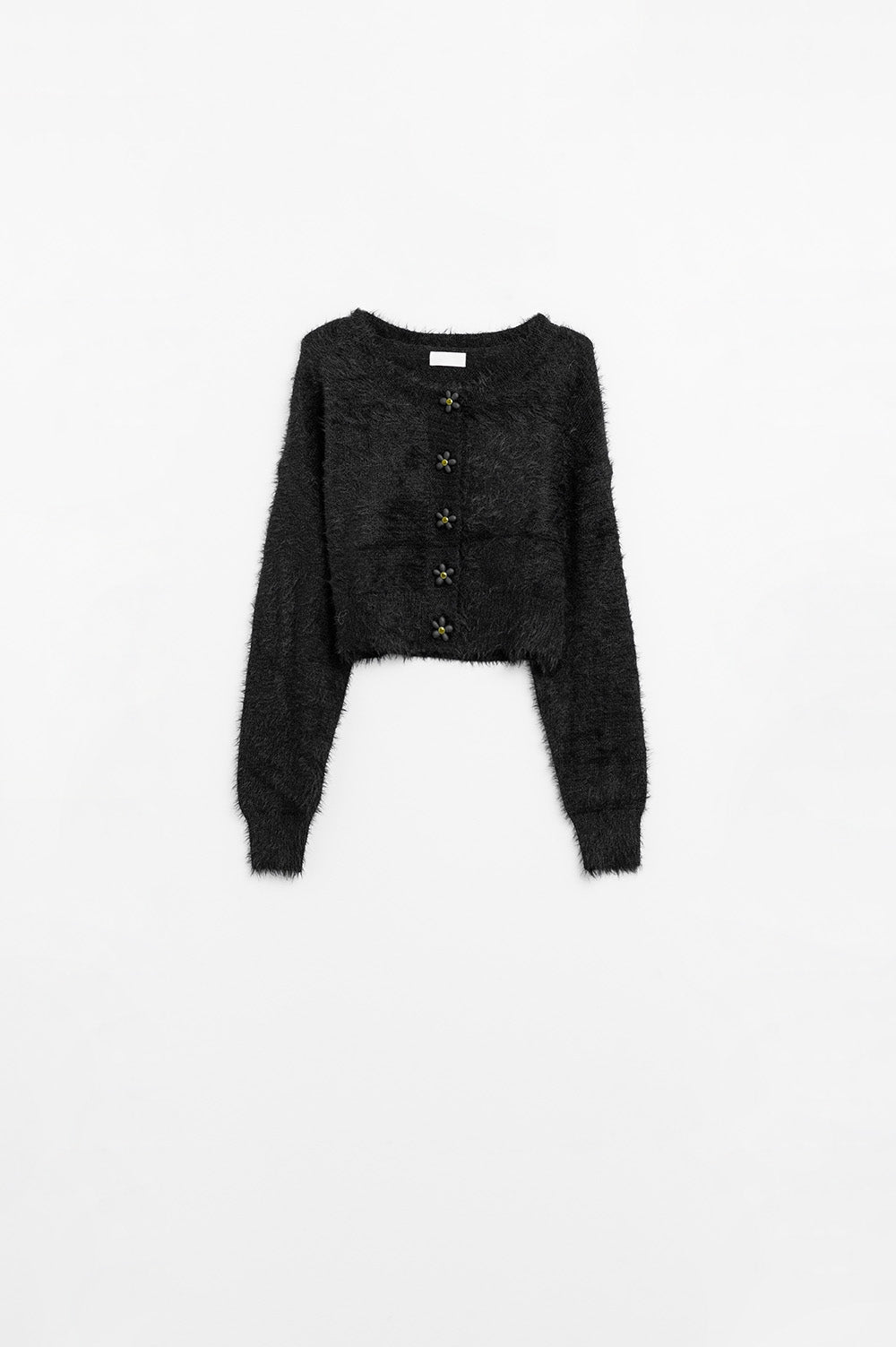 Q2 Cardigan noir court et moelleux avec boutons à fleurs