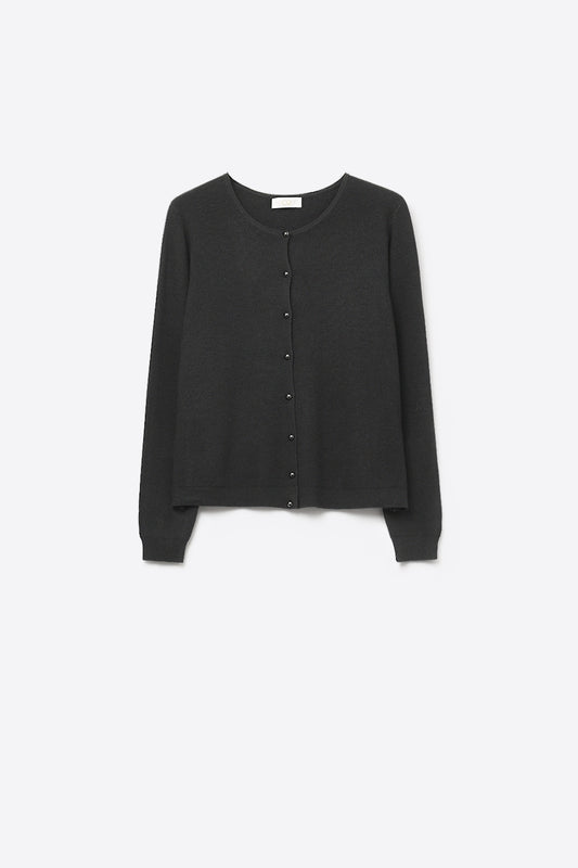 Q2 Cardigan noir en maille côtelée avec boutons en nacre